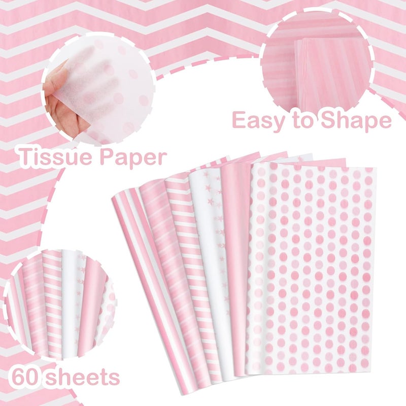 Ethanberg 60 Sheets Gift Wrapping Tissue Paper Bulk, Pink Dots Stripes Waves Print Tissue Paper for Gift Bags, Decorative Art Papers for DIY Crafts Wedding Birthday Holiday Party Decor, 20x14 Inches - Image 4